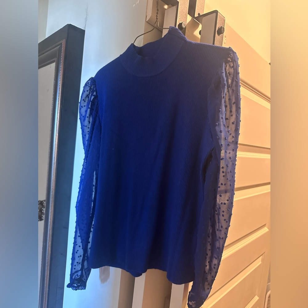Elegant Blue Women's Top with Sheer Sleeves
